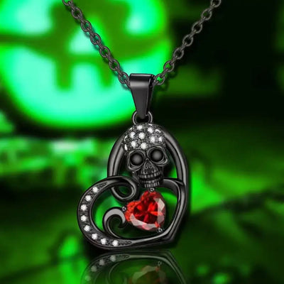 Gothic Black Chain Skull & Red Heart Necklace