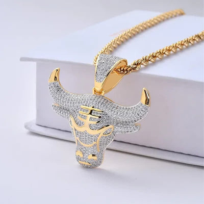 Full Rhinestone Cow Head Bling Ice Out Stainless Steel Necklace