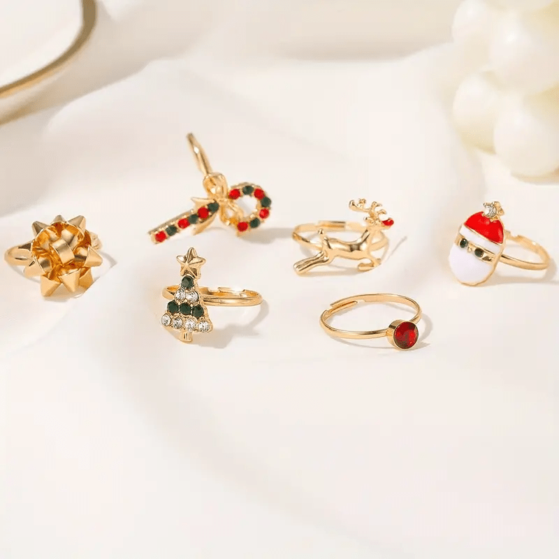 6 Pcs Cute Elk Christmas Tree Adjustable Ring Set