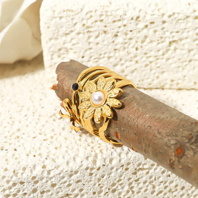 Women's 18K Gold Plated Pearl Sunflower Ring