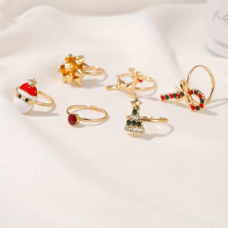 6 Pcs Cute Elk Christmas Tree Adjustable Ring Set