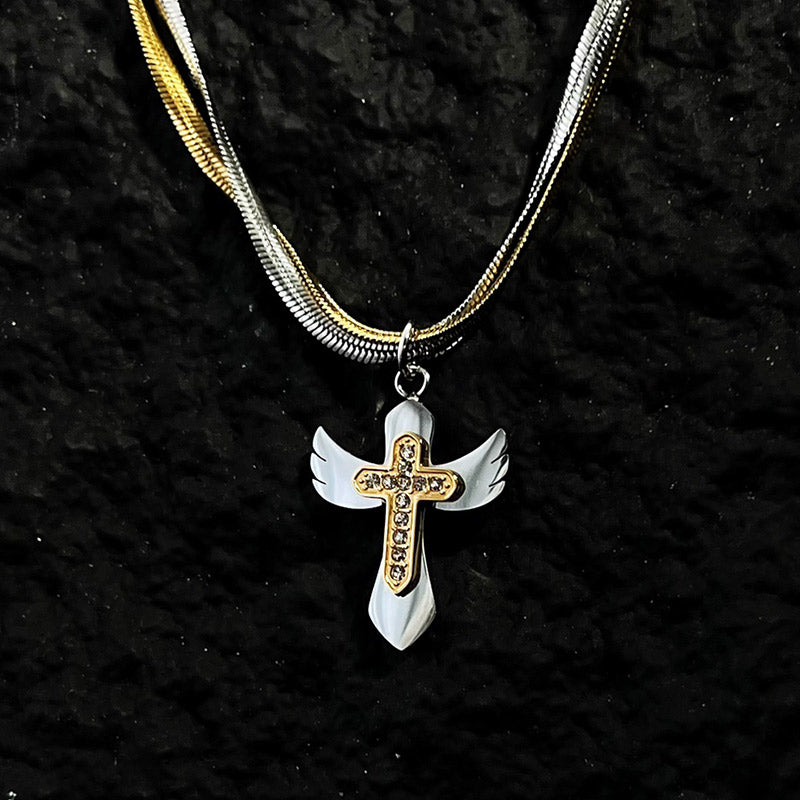 Wings Cross Double Layer Snake Chain Necklace