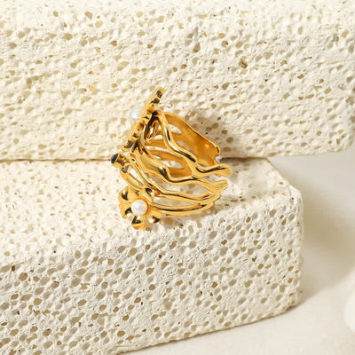 Women's 18K Gold Plated Pearl Sunflower Ring