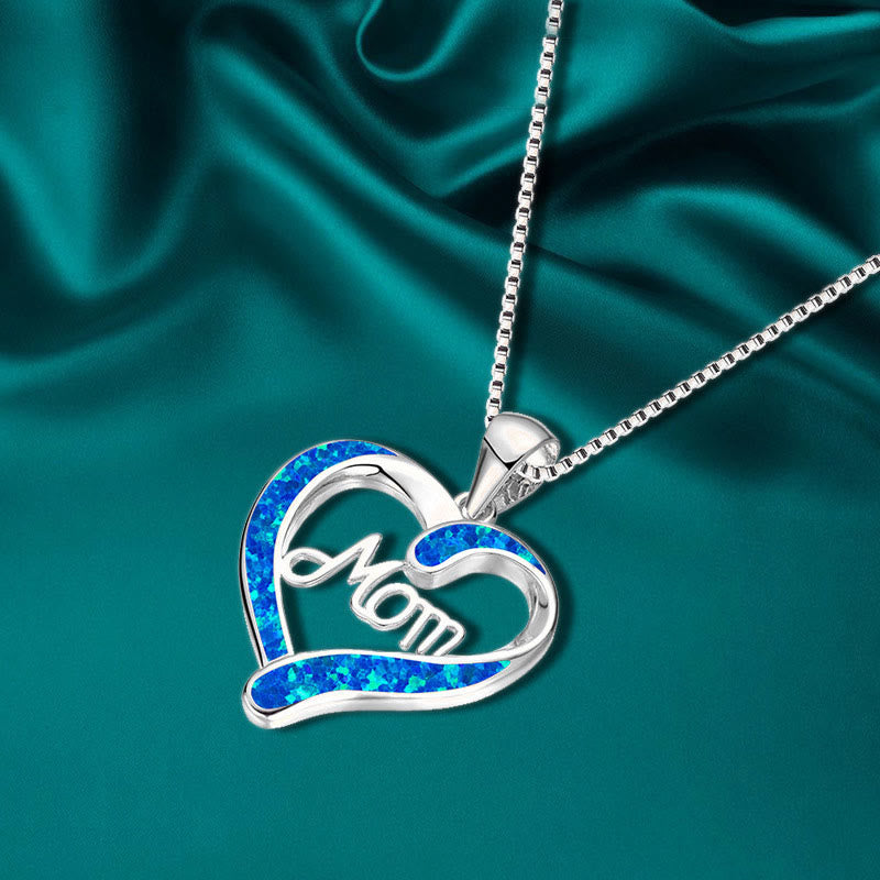 "Love Mom" - Blue Opal Heart Women Necklace