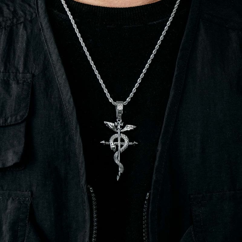 Detached Wings Cross with Snake Greek Caduceus Pendant Necklace