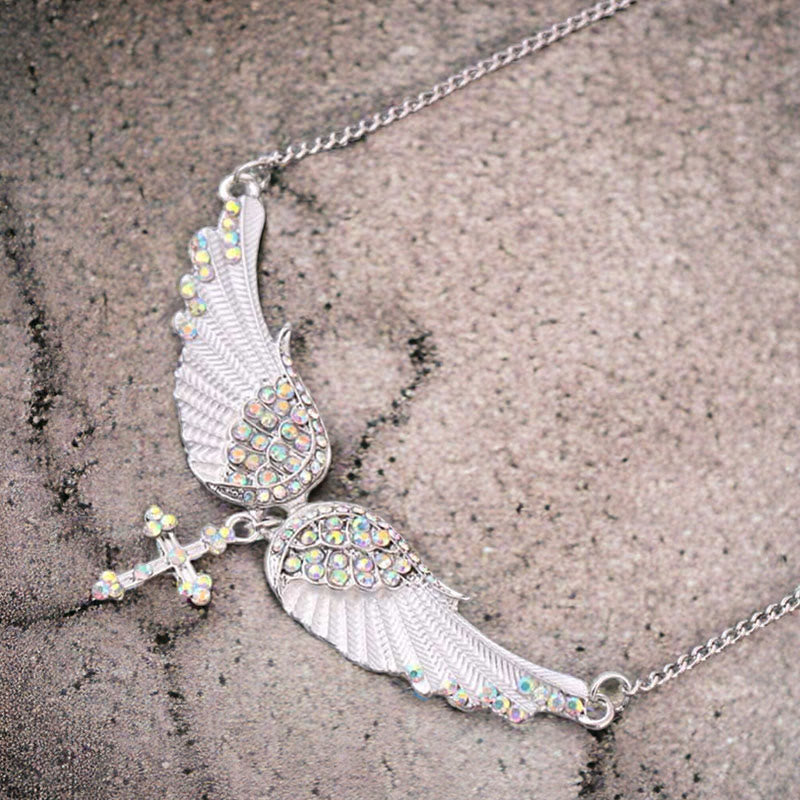 Religious Iridescent Angel Wing & Cross Necklace