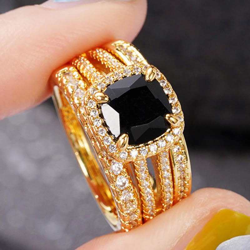 Luxury Female Big Black Square Zircon Ring