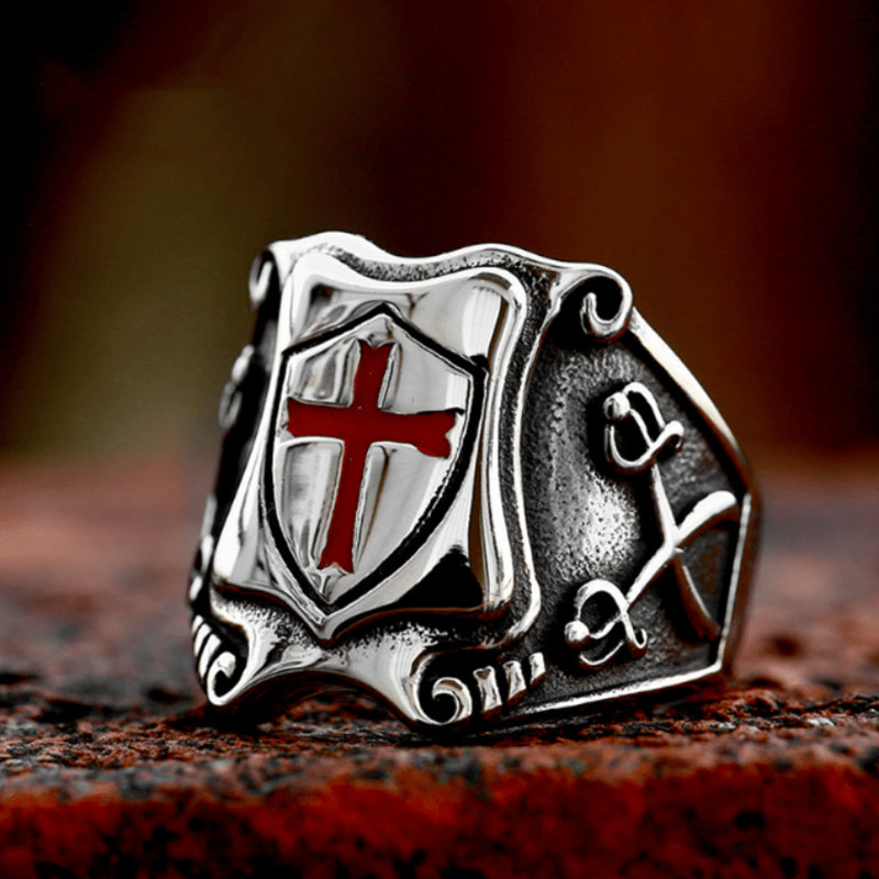 "Shield Of Faith" Men's Retro Shield Red Cross Ring