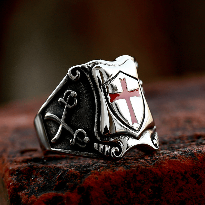 "Shield Of Faith" Men's Retro Shield Red Cross Ring