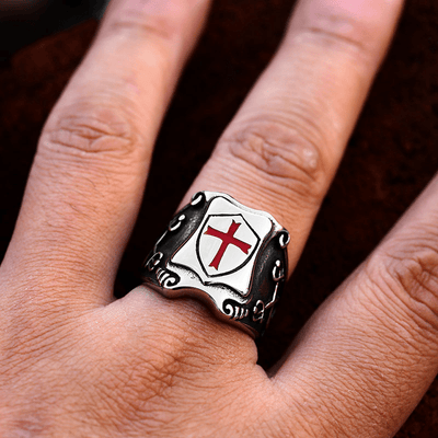 "Shield Of Faith" Men's Retro Shield Red Cross Ring