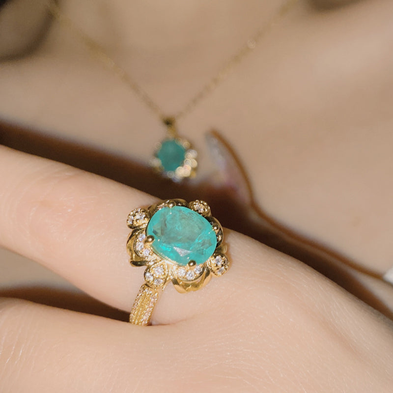 Flower Zircon Lace Plated Paraiba Tourmaline Ring