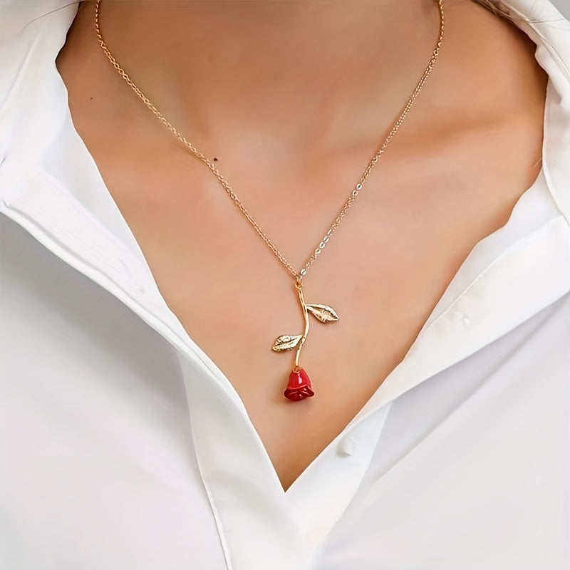 "I Love You Today, Tomorrow, Always" Red Rose Pendant Necklace