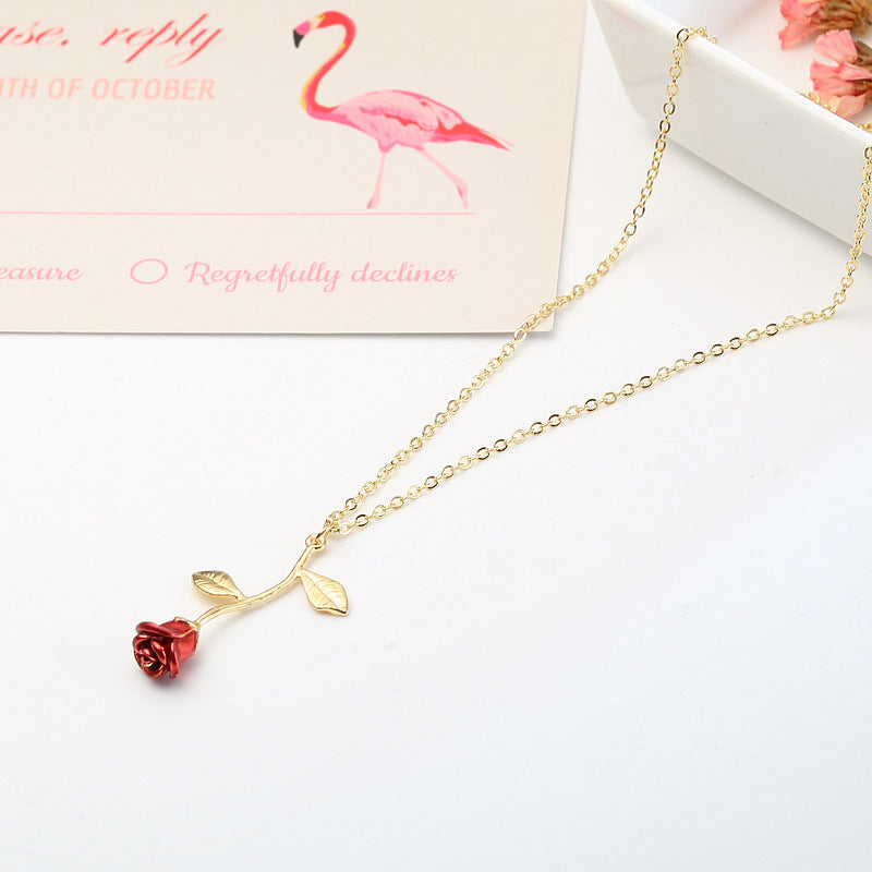 "I Love You Today, Tomorrow, Always" Red Rose Pendant Necklace