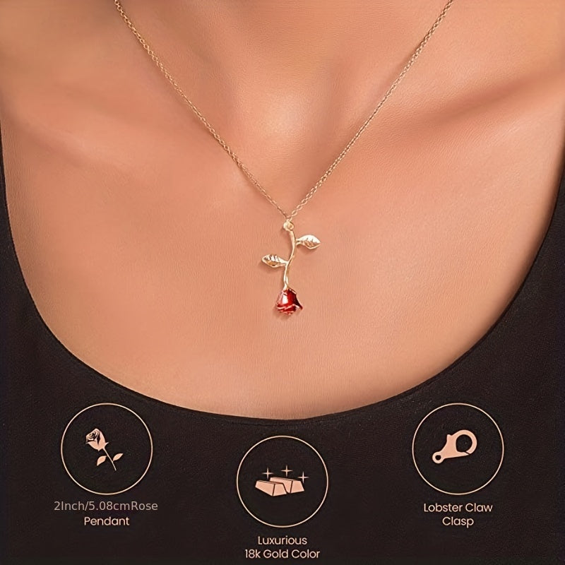 "I Love You Today, Tomorrow, Always" Red Rose Pendant Necklace