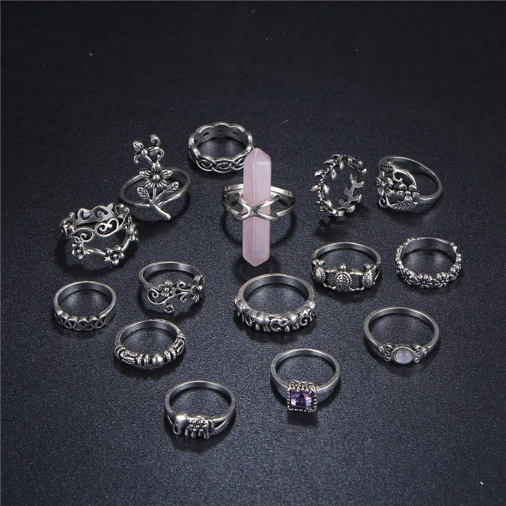 Olivenorma Alphabet Geometric Engraved Opal Knuckle Ring Set