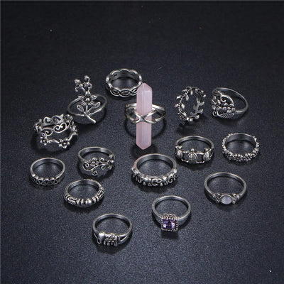 Olivenorma Alphabet Geometric Engraved Opal Knuckle Ring Set