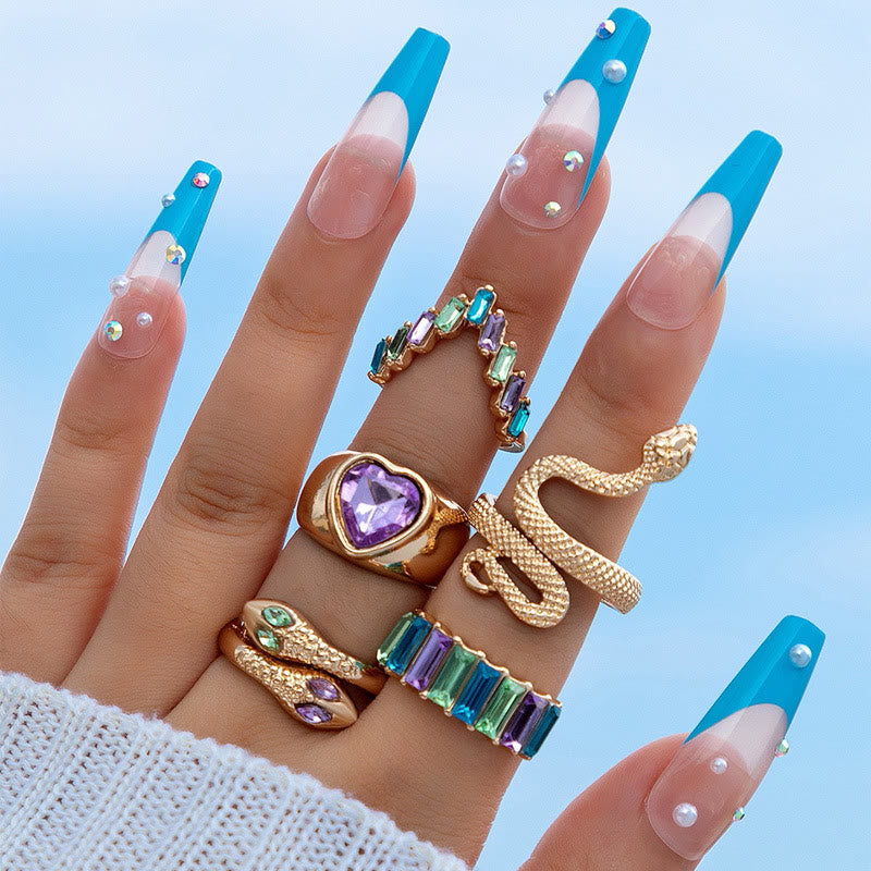 5 Pieces Rhinestone Heart & Snake Ring Set