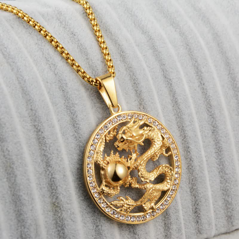 Hip Hop Diamond Dragon Playing with Ball Titanium Steel Necklace