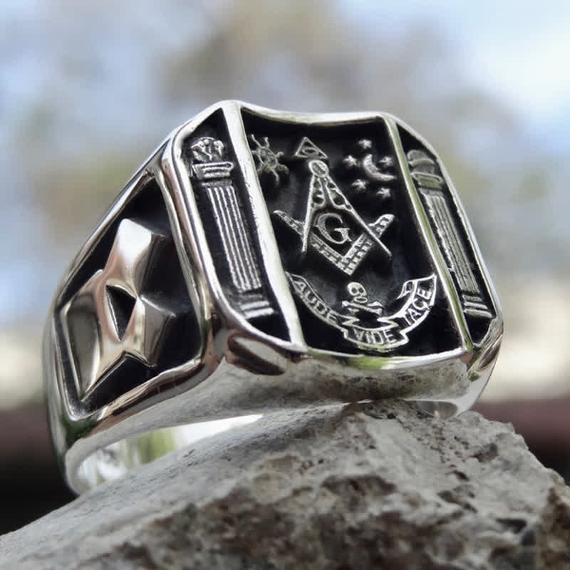 Sun Moon Skull Masonic Signet Ring