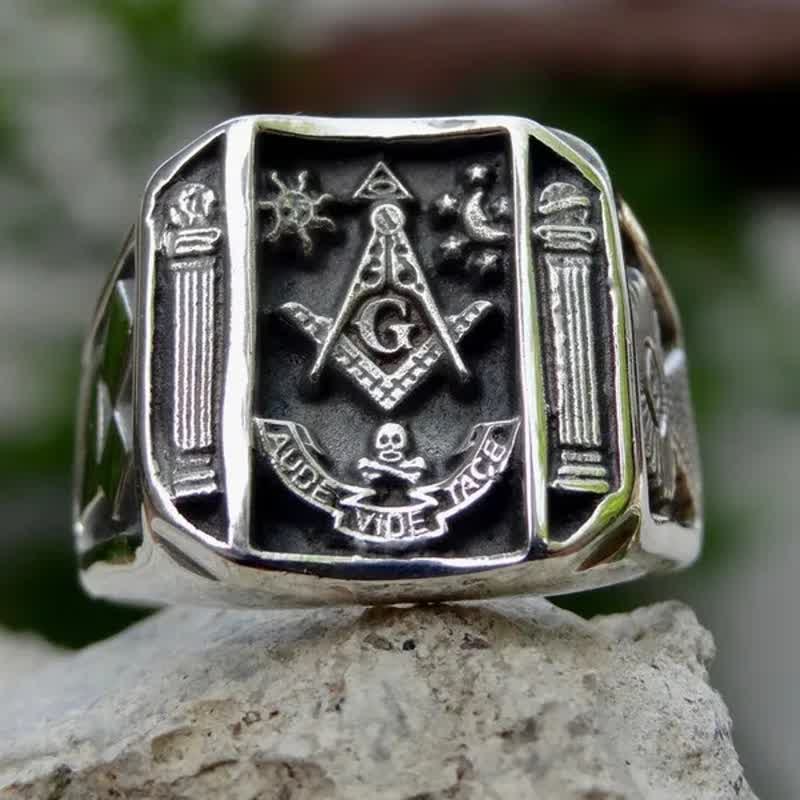 Sun Moon Skull Masonic Signet Ring