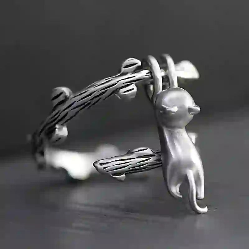 FREE Today: Funny Animal Little Cat Climb Branch Silvery Alloy Open Ring