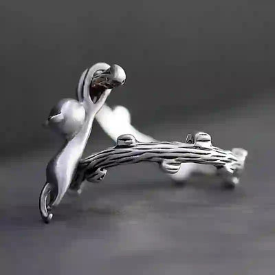 Funny Animal Little Cat Climb Branch Silvery Alloy Open Ring