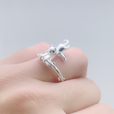 Funny Animal Little Cat Climb Branch Silvery Alloy Open Ring