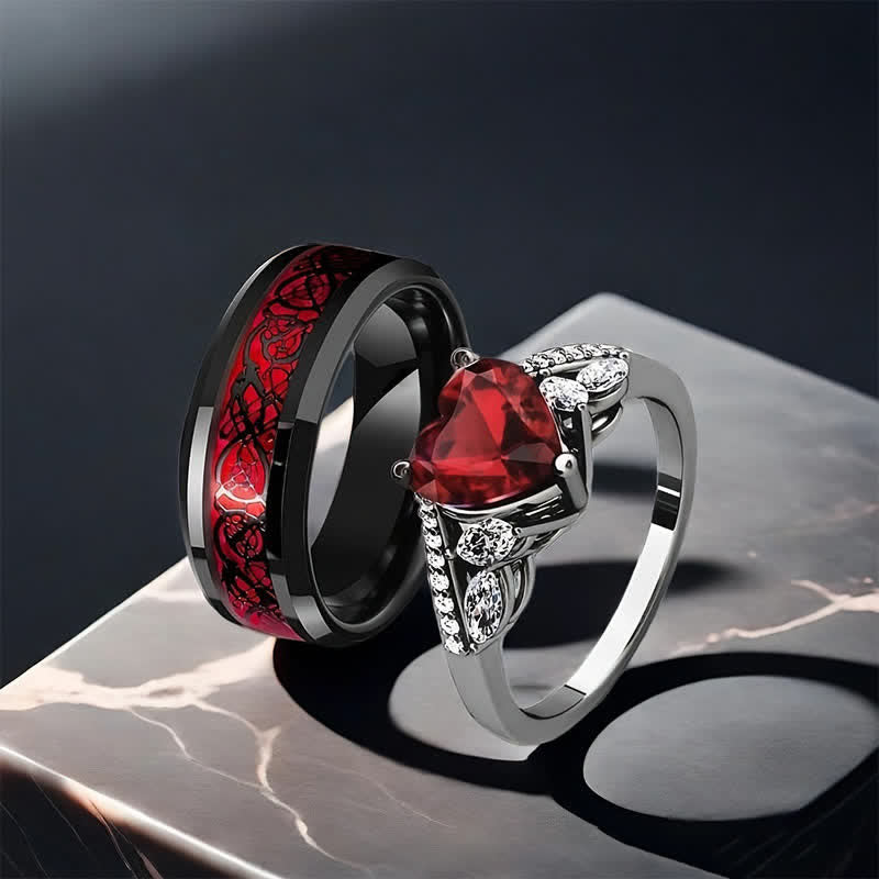 FREE Today: Dragon Totem for Men and Love Heart  for Women with Ruby Inlay Couple Ring