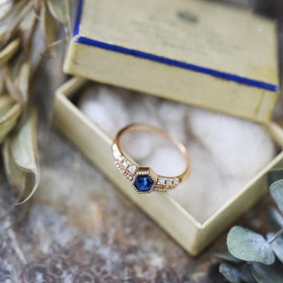 Shield Sapphire with Zircon Ring