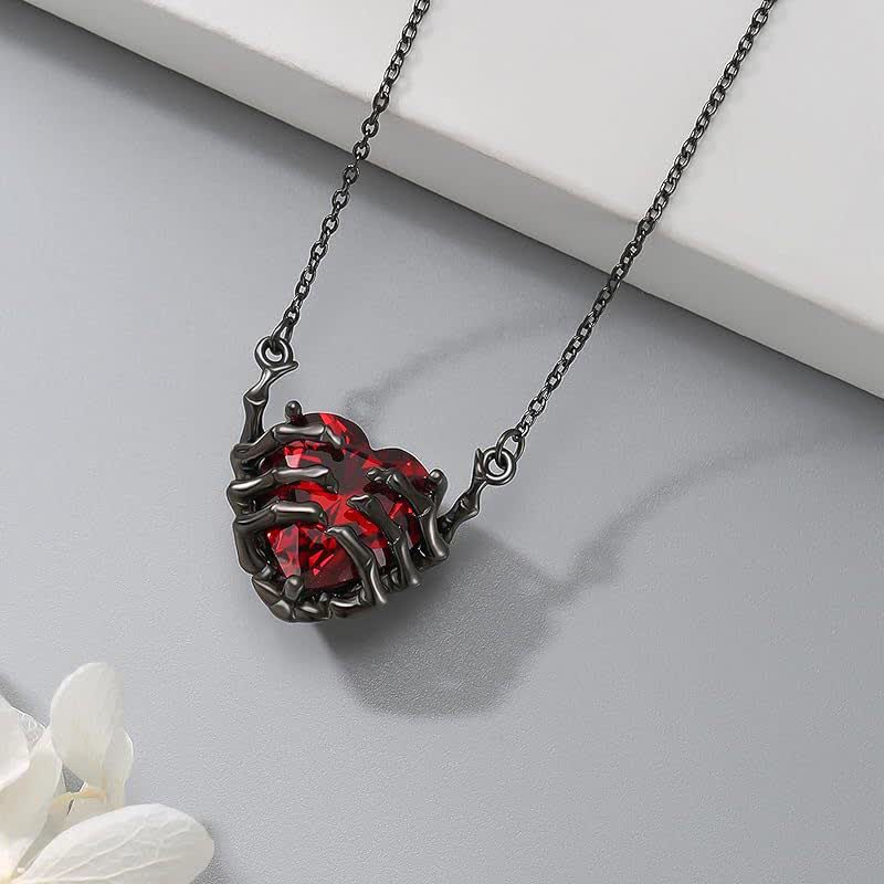 Black Skeleton Hand Heart Garnet Necklace Earrings