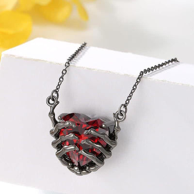 FREE Today: Black Skeleton Hand Heart Garnet Necklace Earrings