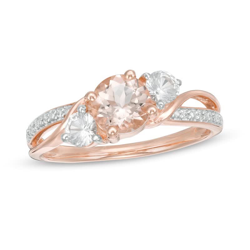 FREE Today: 6.0mm Morganite with Moissanite Three Stone Slant Crossover Bypass Ring