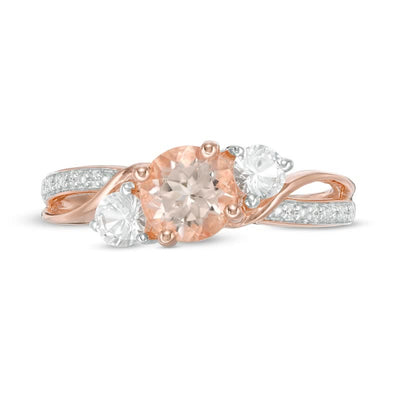 6.0mm Morganite with Moissanite Three Stone Slant Crossover Bypass Ring