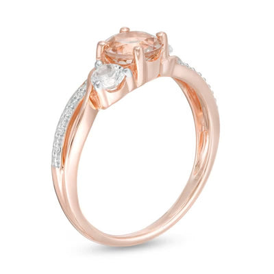 6.0mm Morganite with Moissanite Three Stone Slant Crossover Bypass Ring