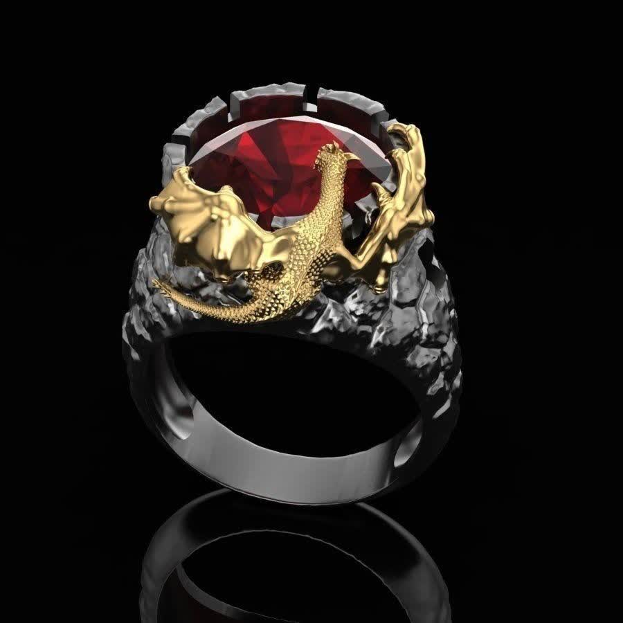 Stainless Steel Guardian Dragon Ruby Ring  - 13 - image 1