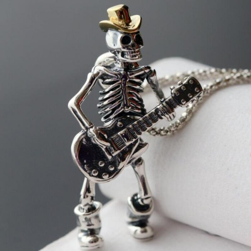 Guitar Playing Cowboy Skeleton Necklace
