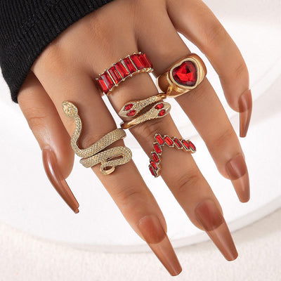 5 Pieces Rhinestone Heart & Snake Ring Set