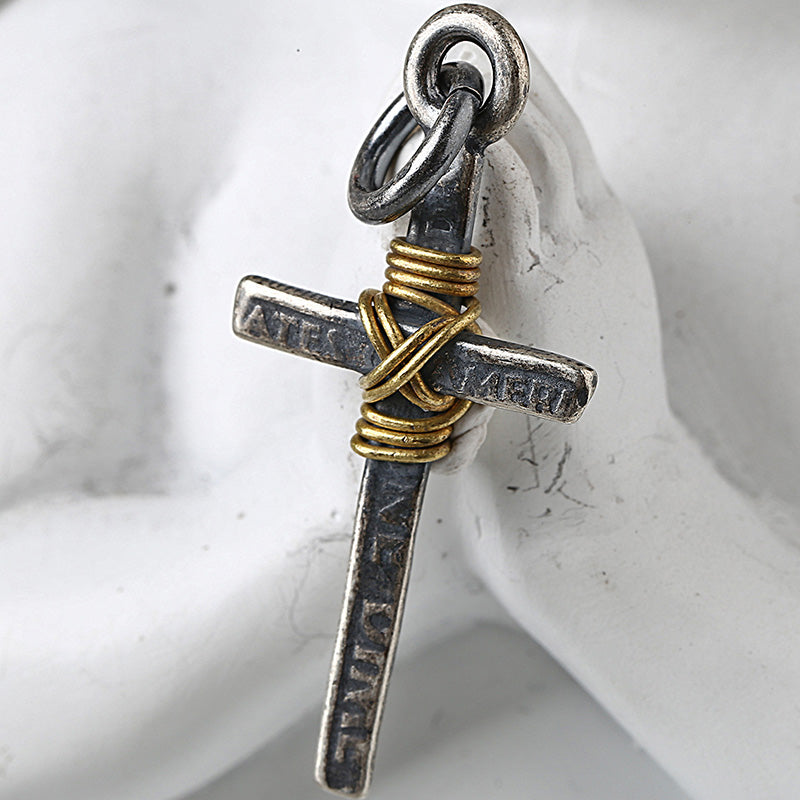 S925 Silver Vintage Aged Wrapped Copper Wire Cross Necklace