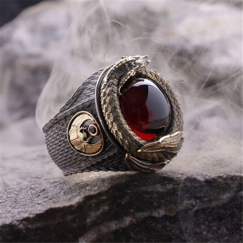 Two Tone Vintage Engraved Dragon Ruby Ring