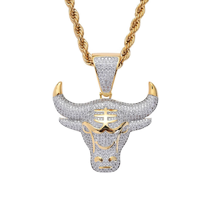 Full Rhinestone Cow Head Bling Ice Out Stainless Steel Necklace