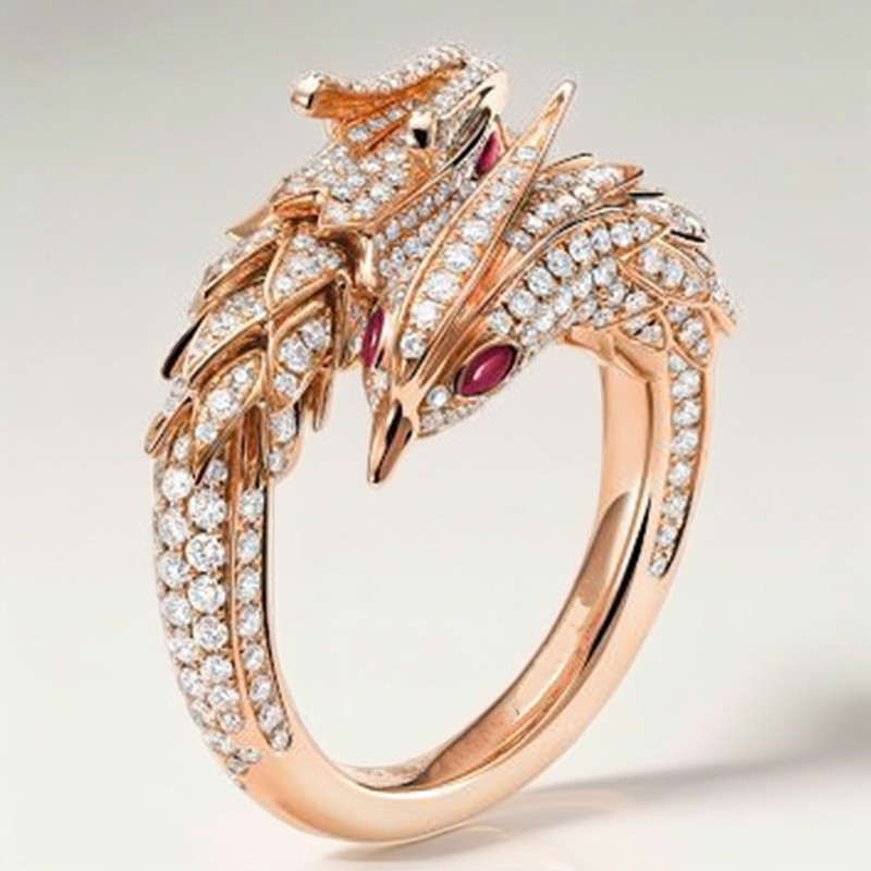 Gold Dragon Phoenix Inlaid Crystal Adjustable Ring