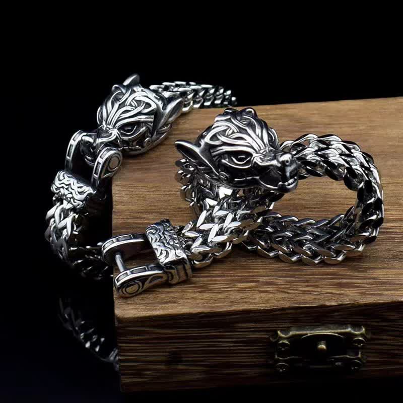 Men's Viking Silver Wolf Head Bracelet