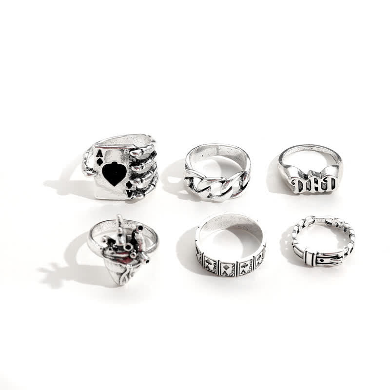 6Pcs Edgy Goth Poker DAD Ring Set