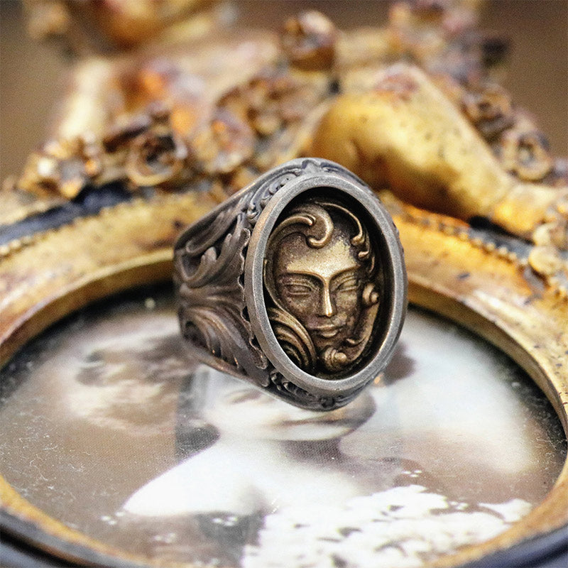 Vintage Engraved Skull Female Face Ring