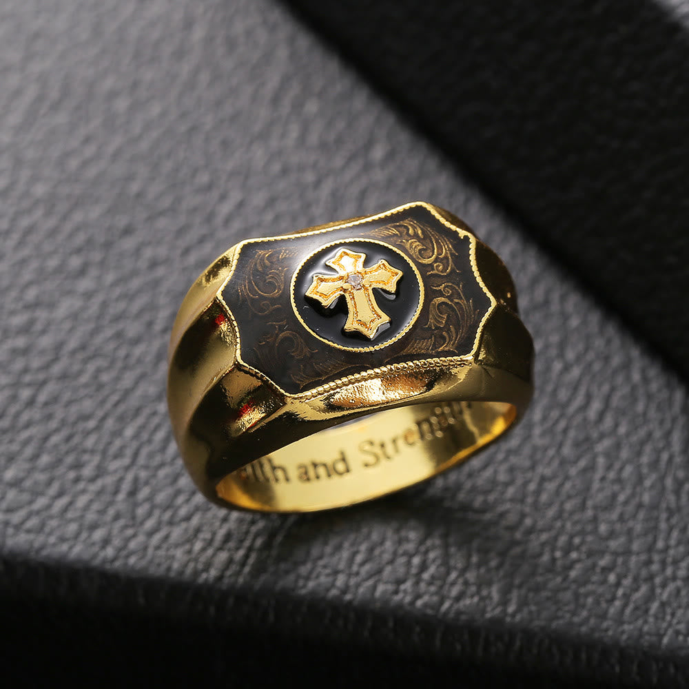 18K Gold Plated Cross Black Onyx Carved Men Ring