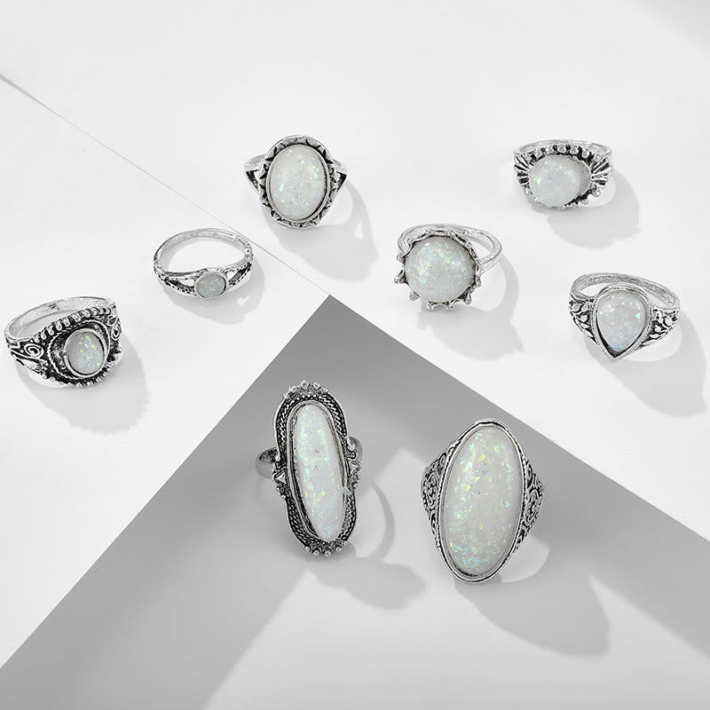 Olivenorma Round Oval Opal 8-Piece Ring Set