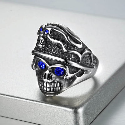 Men Stainless Steel With Sapphire Biker Skull Ring