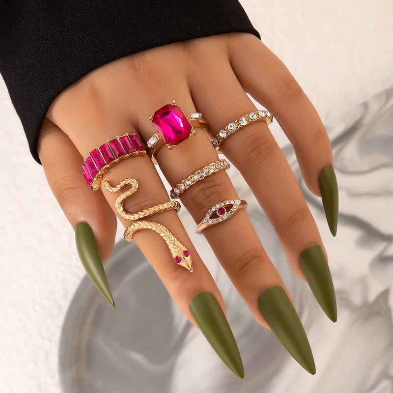 5 Pieces Rhinestone Heart & Snake Ring Set