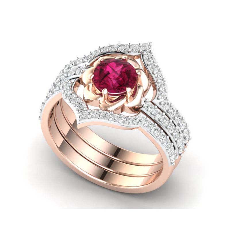 Women's 3Pcs Rose Gold Ruby Ring