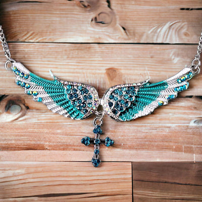 Religious Iridescent Angel Wing & Cross Necklace